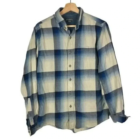 Eddie Bauer Classic Fit Blue & Cream Plaid Long Sleeve Button Down S - Picture 1 of 4